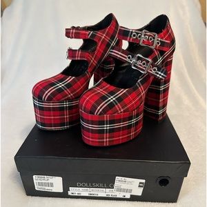 Dolls Kill Current Mood “Hate to Love” Red Plaid Platform Mary Janes